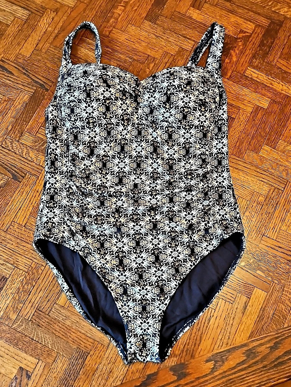 Floral One-Piece Swimsuit in Black/Gold/White/Brown